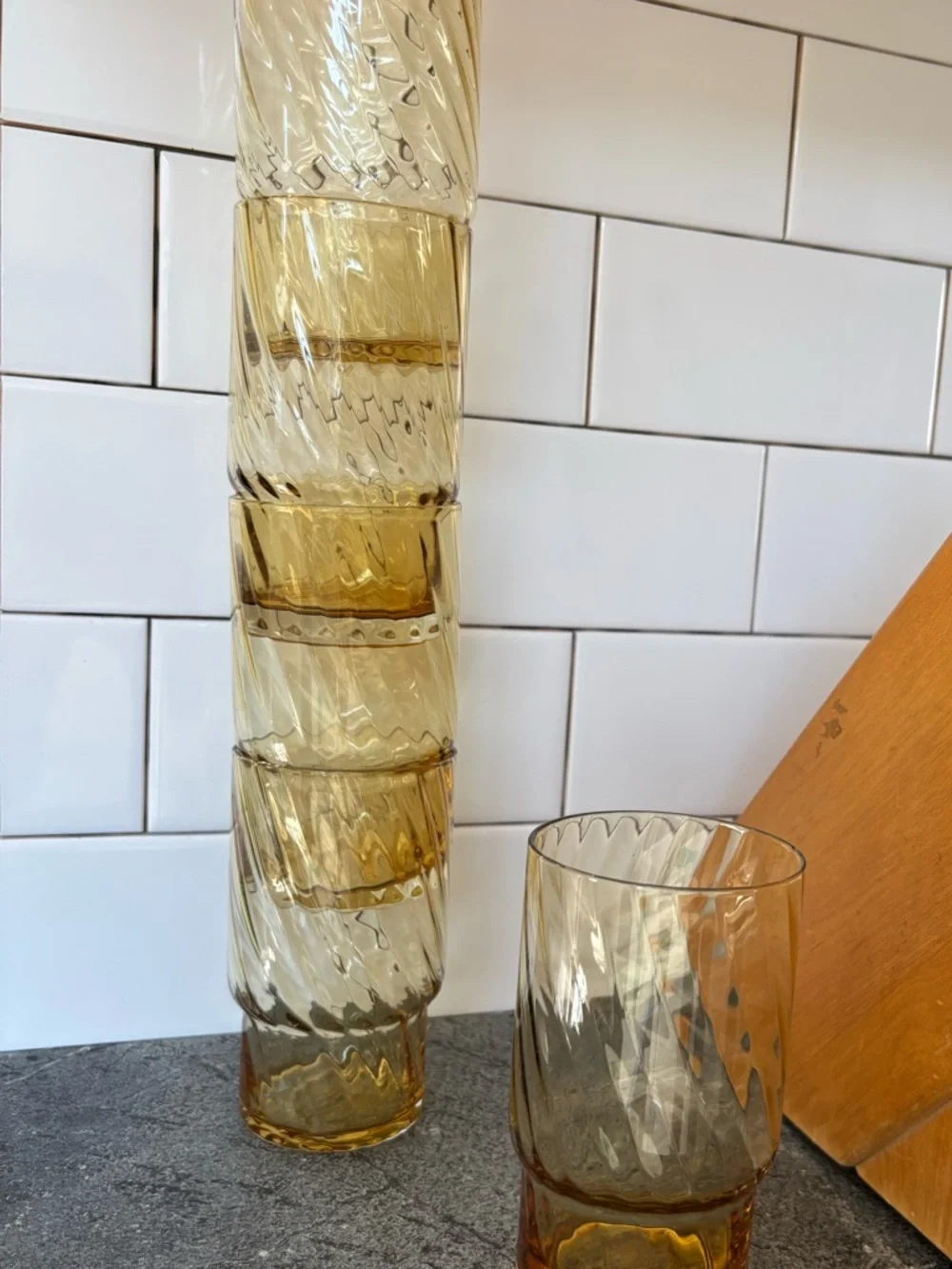 Pottery Barn Amber spiral stackable Highball Glasses x4